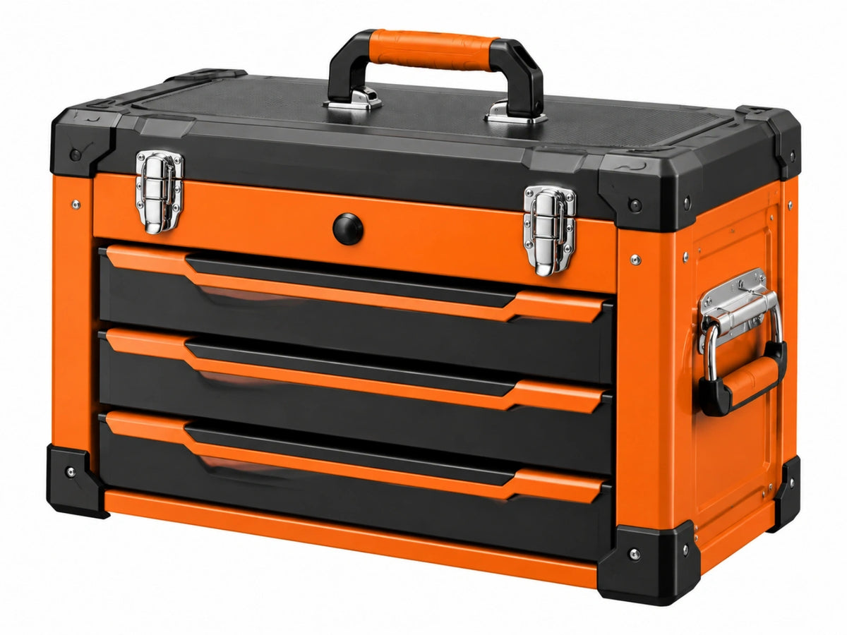 Gereedschapskist 60 x 30 x 40 cm staal kunststof oranje zwart met 3 laden