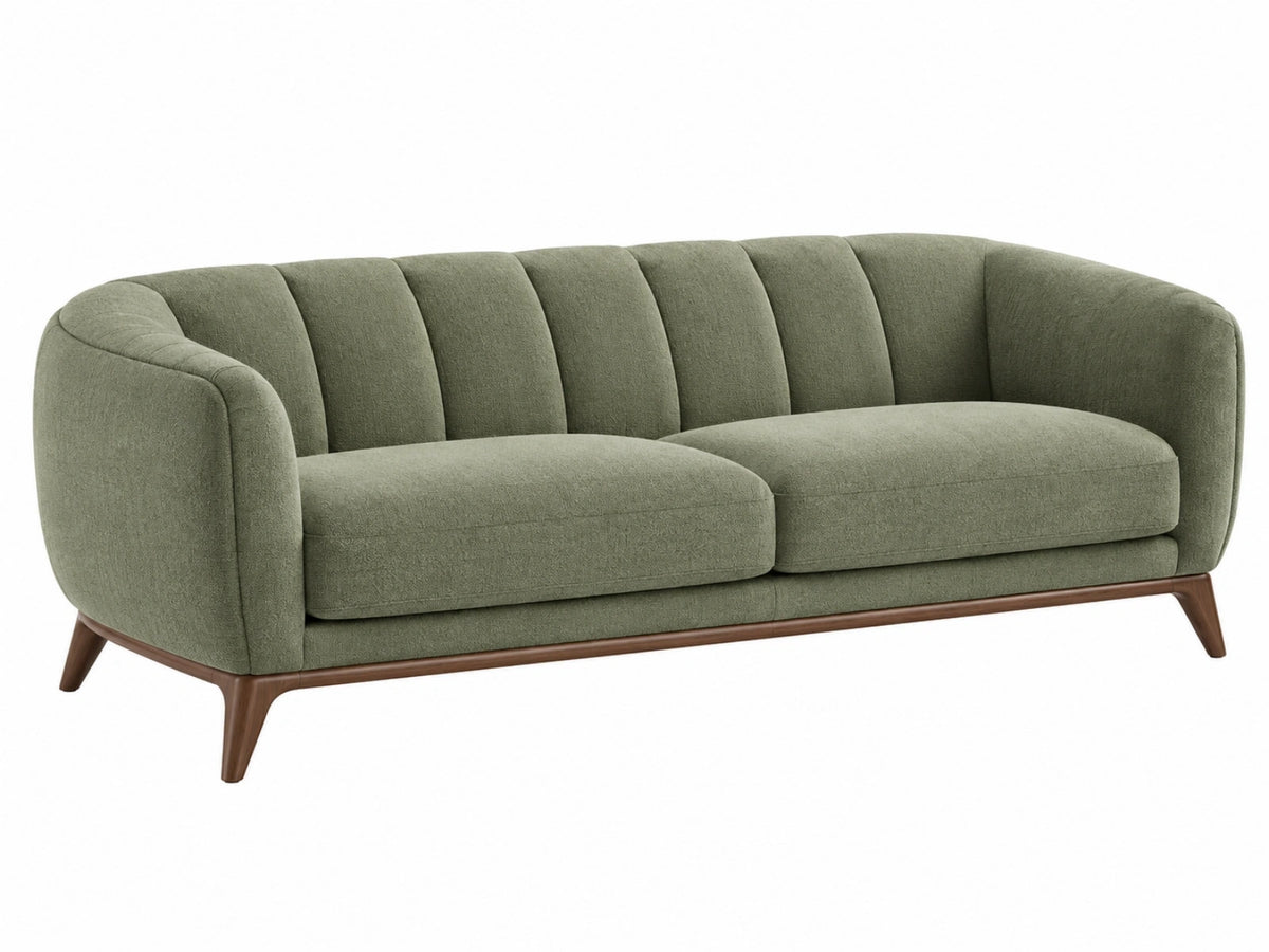 2-zitsbank 220 x 90 x 78 cm olijfgroene stoffen bekleding houten poten retro