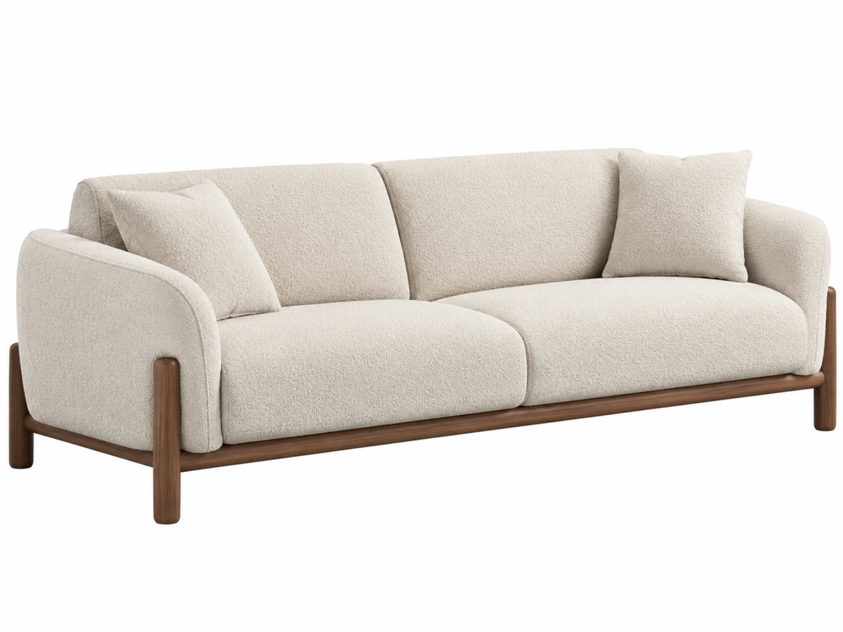 3-zitsbank 200 x 90 x 78 cm crèmekleurige bouclé stof met houten onderstel - modern