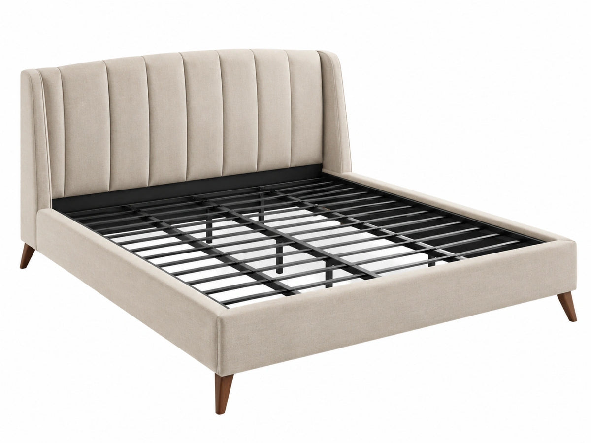 Gestoffeerd bedframe 160 x 200 cm beige met metalen lattenbodem en gecapitonneerd hoofdbord