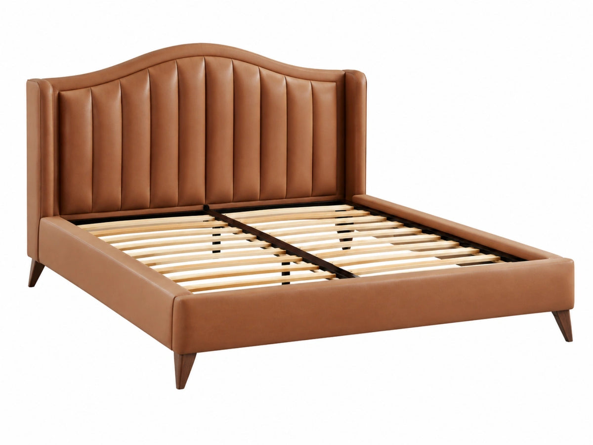 Gestoffeerd bed 160 x 200 cm cognacbruin kunstleer - lattenbodem met gebogen hoofdbord