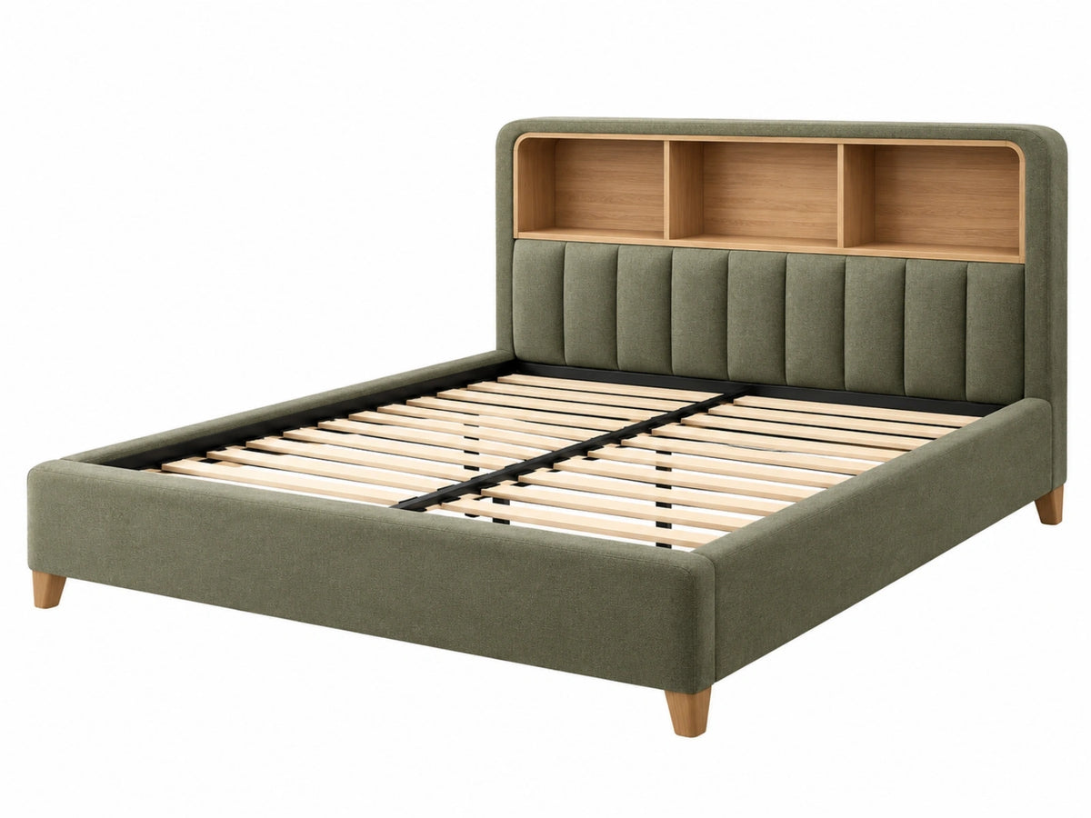 Bedframe 160 x 200 cm olijfgroen stof met houten opbergrek en lattenbodem