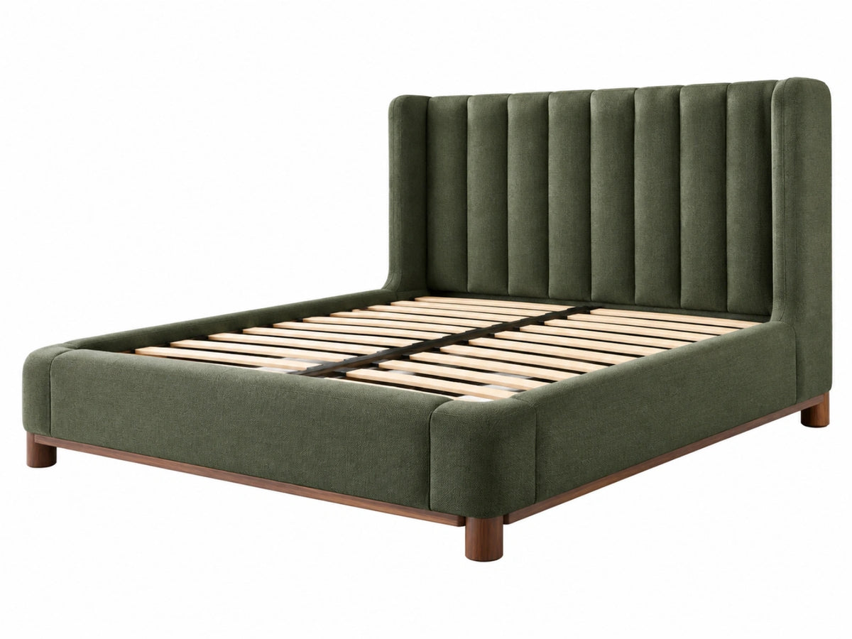 Gestoffeerd bed 160 x 200 cm groen met houten poten en lattenbodem