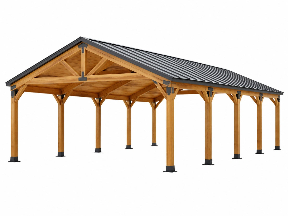 Carport 600 x 400 x 300 cm hout naturel zwart metalen dak overdekte parkeerplaats