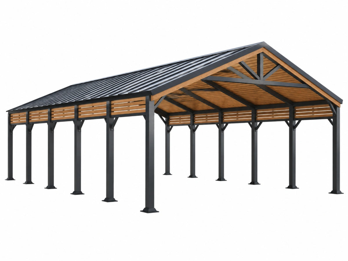 Carport 600 x 600 x 300 cm zwart/bruin staal hout dubbele parkeerplaats met zadeldak