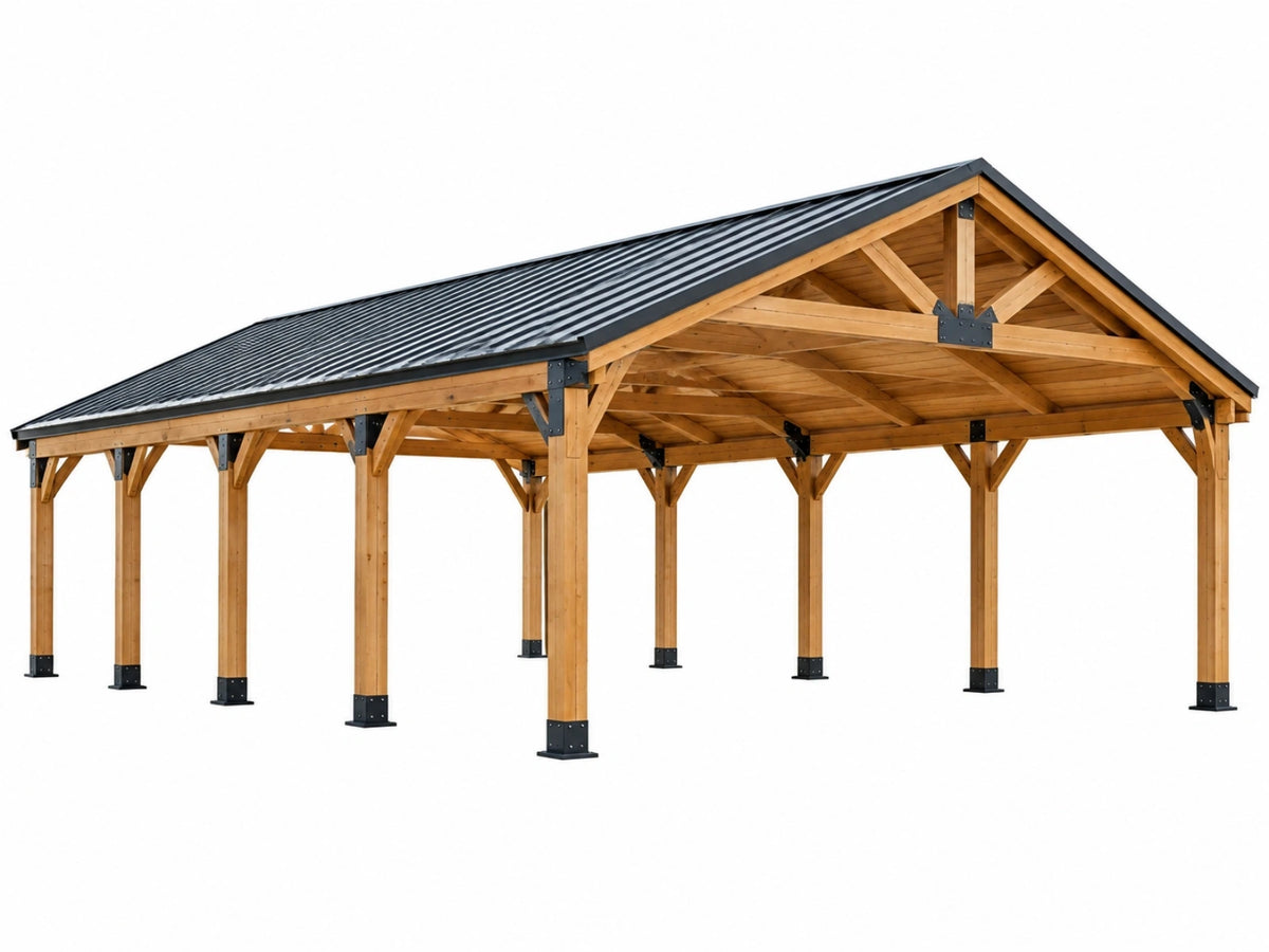 Houten carport 600 x 500 x 320 cm naturel zwart - open overkapping met zadeldak