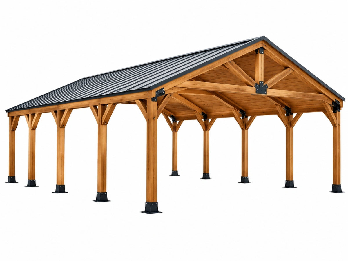 Houten carport 600 x 600 cm naturel zwart met metalen zadeldak