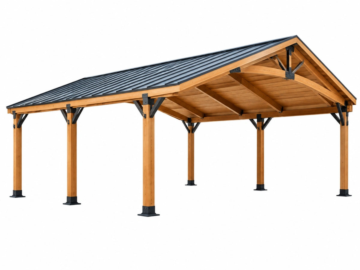 Houten carport 600 x 500 x 270 cm - naturel hout met zwart metalen zadeldak voor buiten