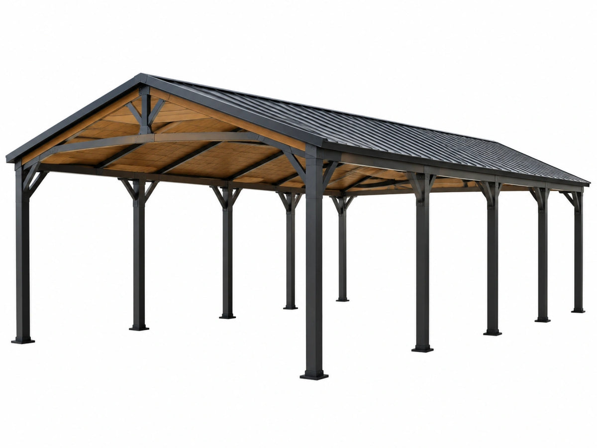 Carport 600 x 500 x 300 cm zwart hout en staal - overdekte parkeerplaats met zadeldak
