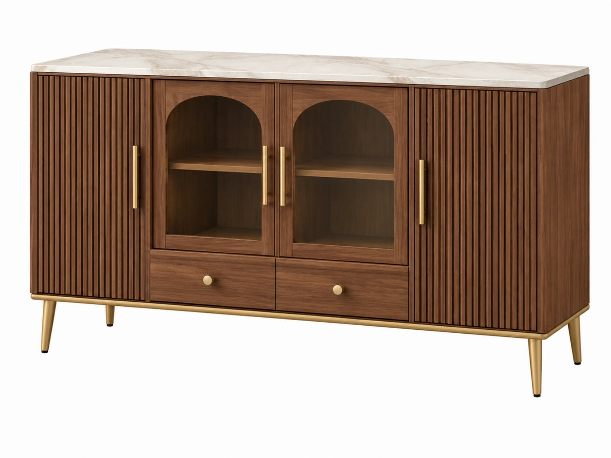 Dressoirkast 160 x 45 x 90 cm - walnootkleurig hout met glazen deuren en marmerlook blad - art-decostijl