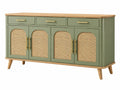 Dressoir 160 x 40 x 85 cm groen hout en rotan met 4 deuren 3 laden retro opbergkast