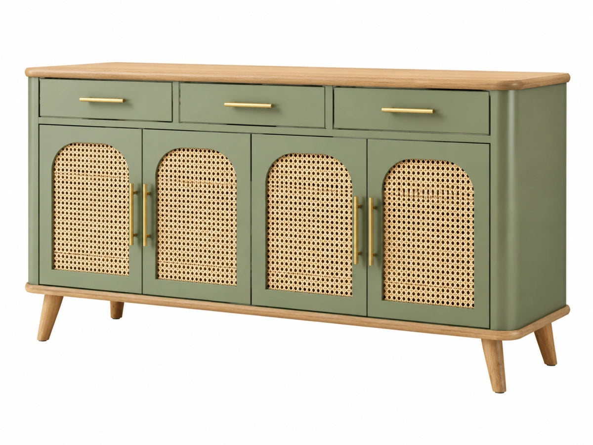 Dressoir 160 x 40 x 85 cm groen hout en rotan met 4 deuren 3 laden retro opbergkast