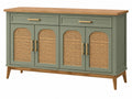 Dressoir 160 x 40 x 90 cm groen hout en rotan - opbergkast met 4 deuren en 2 laden
