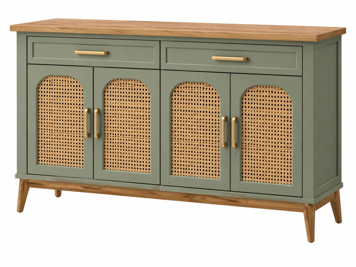 Dressoir 160 x 40 x 90 cm groen hout en rotan - opbergkast met 4 deuren en 2 laden