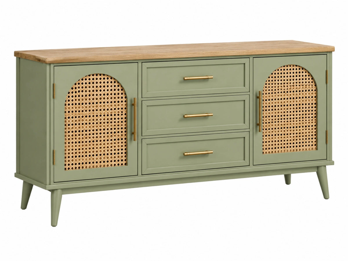 Dressoir 150 x 40 x 85 cm hout groen naturel met rotan deuren en laden