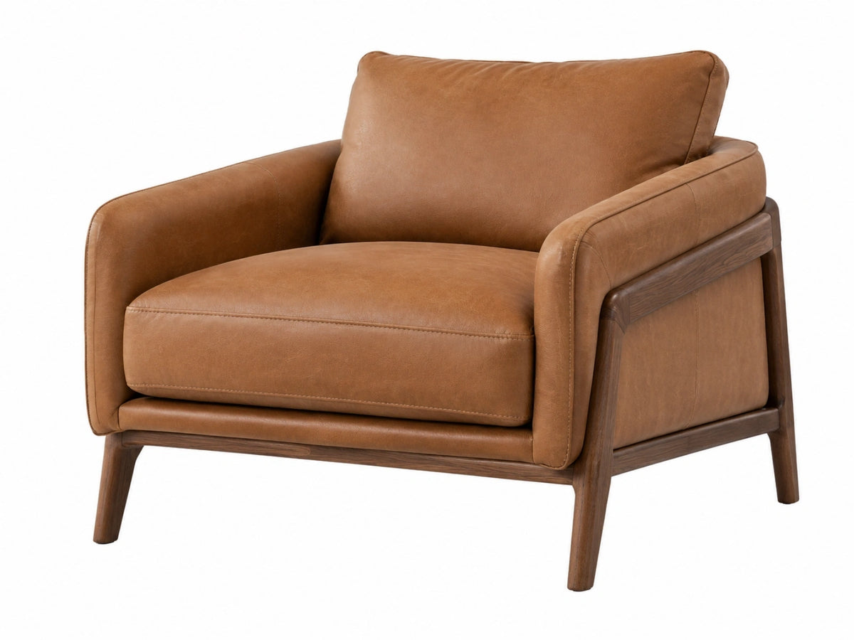 Fauteuil 90 x 85 x 82 cm bruin lederlook en hout - moderne lounge stoel