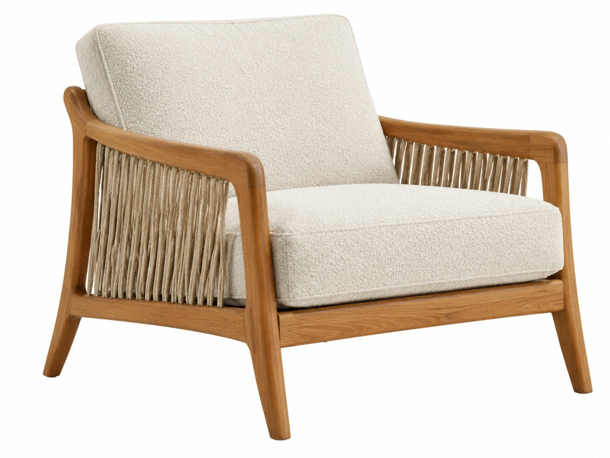Fauteuil 75 x 80 x 82 cm - bouclé stof en hout naturel - met gevlochten armleuningen