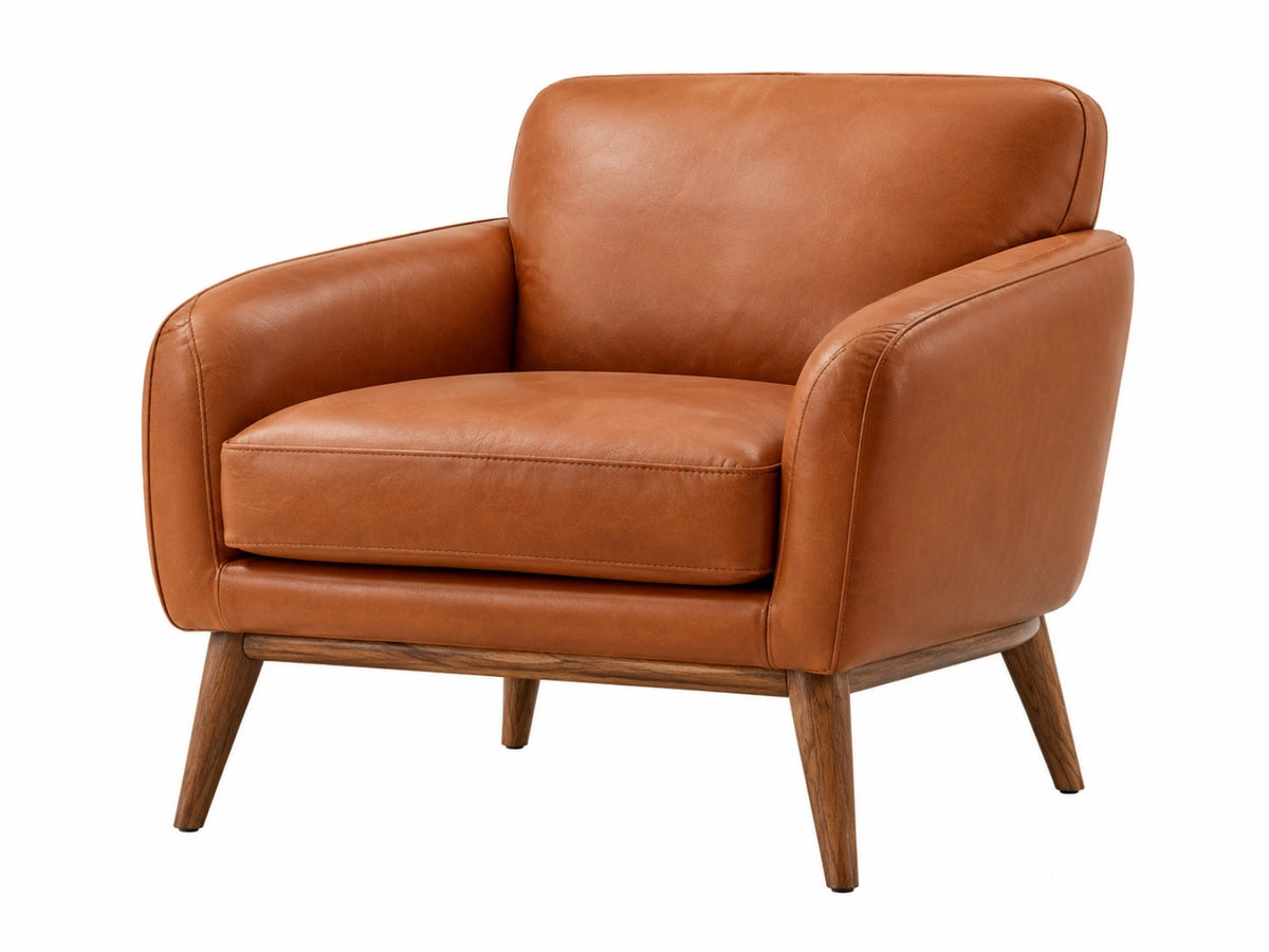 Fauteuil 85 x 80 x 85 cm bruin leren bekleding met houten poten
