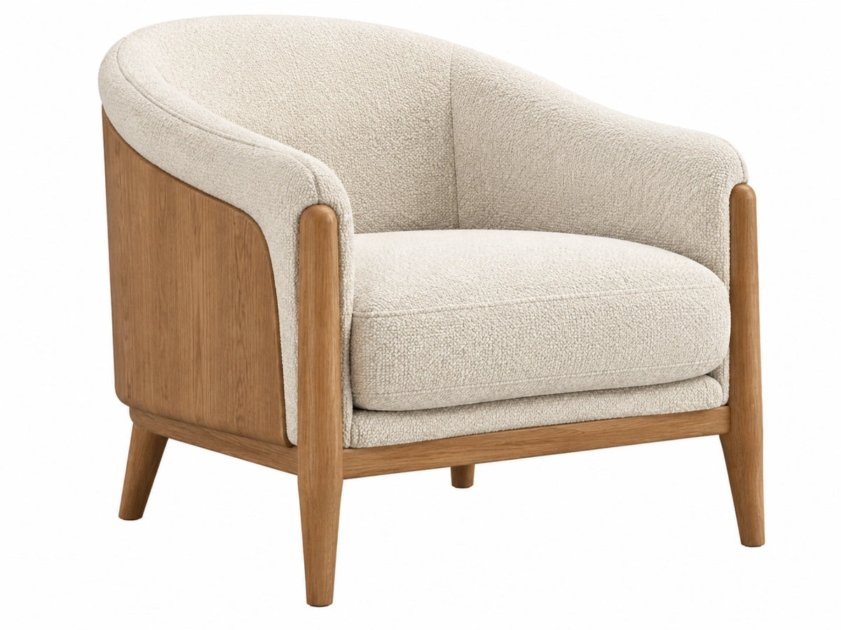 Fauteuil 75 x 78 x 78 cm - bouclé stof in crème met houten frame en afgeronde vorm