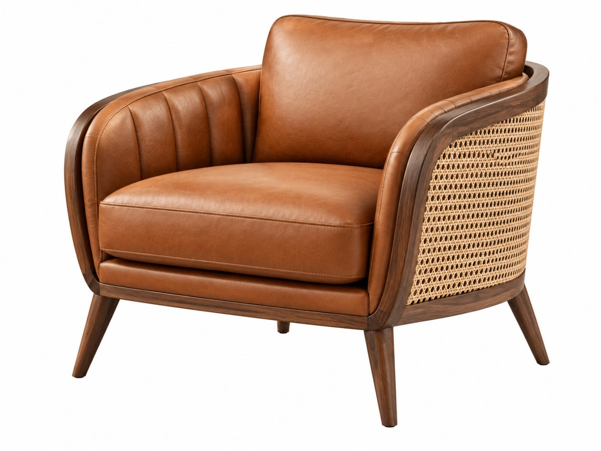 Fauteuil 82 x 76 x 78 cm - cognackleurige lederlook met hout en rotan