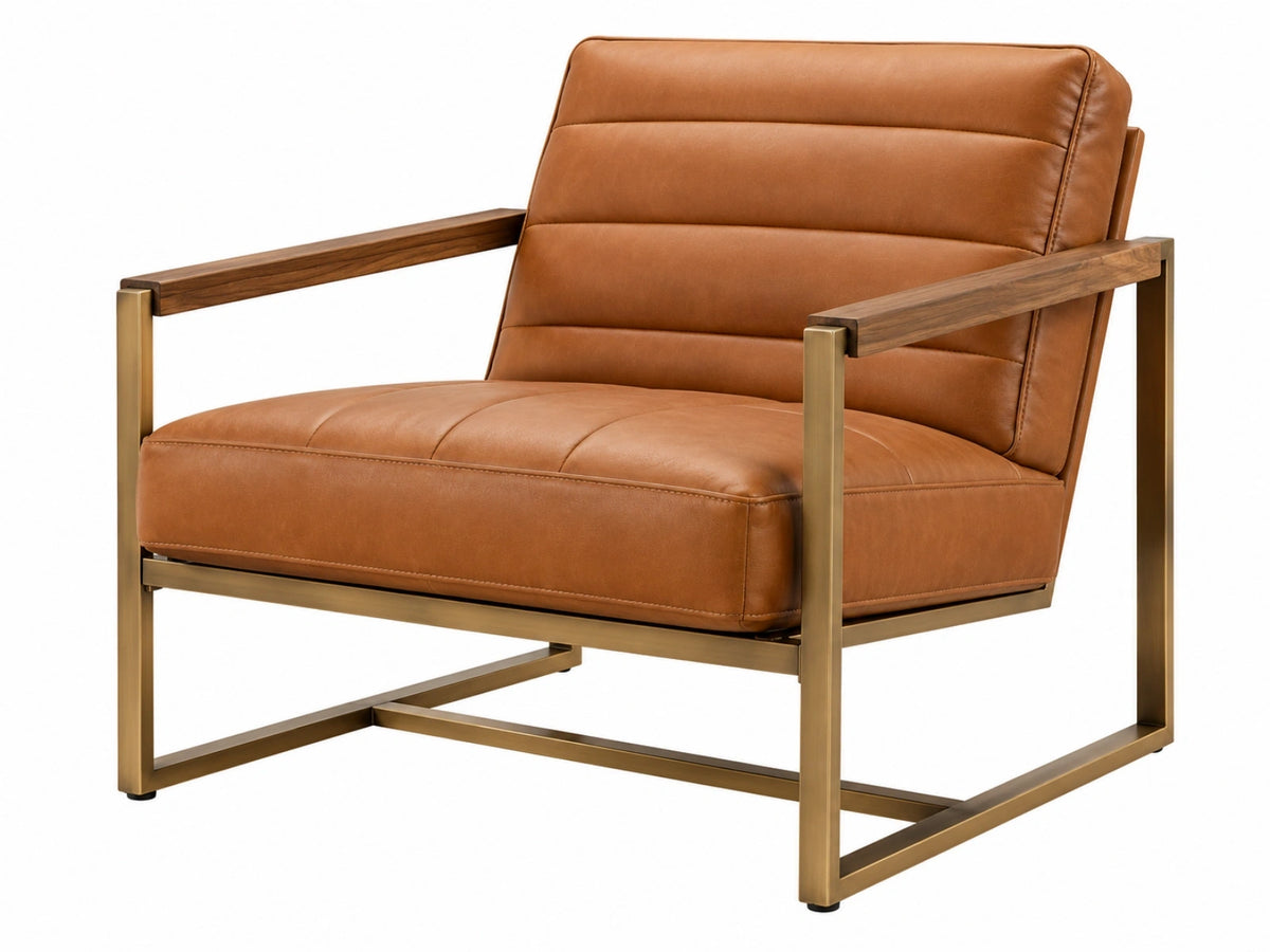 Fauteuil 76 x 82 x 88 cm cognacbruin leerlook met houten armleuningen en metalen frame